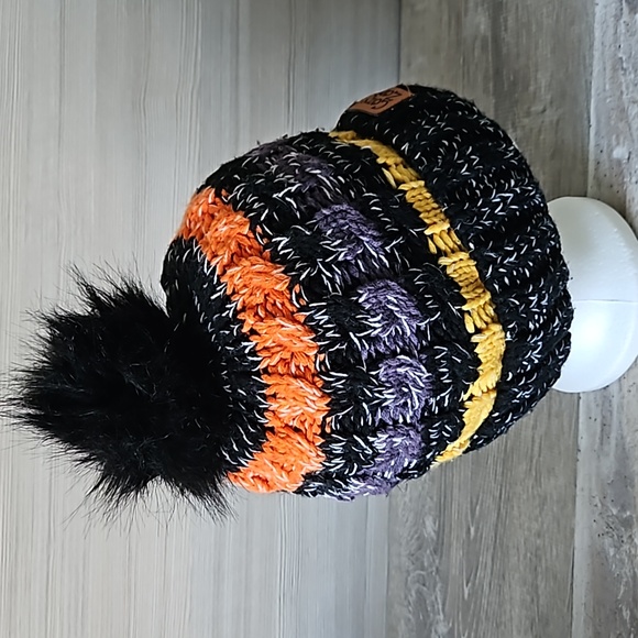 Cozy Zone Black Furball Beanie Pom Pom Colorful Stripes, O/S - Picture 3 of 9